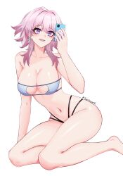 Rule 34 | 1girl, absurdres, angelstrangeart, bare shoulders, barefoot, bikini, breasts, cellphone, cleavage, clothing cutout, collarbone, earrings, highres, holding, holding phone, honkai: star rail, honkai (series), jewelry, large breasts, long hair, looking at viewer, march 7th (honkai: star rail), multicolored eyes, navel, open mouth, panties, phone, pink hair, selfie, sitting, smartphone, smile, solo, strapless, strapless bikini, swimsuit, transparent background, underwear