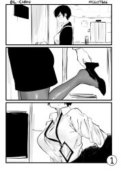 Rule 34 | 1girl, 3koma, artist name, black jacket, black skirt, breasts, character name, comic, greyscale, high heels, highres, id card, indoors, jacket, lanyard, large breasts, monochrome, name tag, norman maggot, office lady, olive laurentia, olive laurentia, original, page number, pantyhose, pencil skirt, pixie cut, removing jacket, removing shoes, shirt, shoes, short hair, skirt, solo, sweatdrop, white shirt
