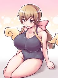 Rule 34 | 100 percent orange juice, 1girl, alternate breast size, alternate costume, arm support, blue one-piece swimsuit, blush, bow, breasts, brown eyes, brown hair, cleavage, collarbone, curvy, d:, detached wings, hair bow, highres, huge breasts, long hair, looking to the side, low ponytail, navel, nisemono faker, one-piece swimsuit, open mouth, pink bow, qp shooting, school swimsuit, sidelocks, simple background, sitting, solo, sweet breaker (orange juice), swimsuit, thighs, wavy mouth, wings, yokozuwari