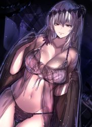 Rule 34 | 1girl, bad id, bad twitter id, bare shoulders, bikini, breasts, cafe au lait (kafeore), collarbone, dark jeanne, feather hair ornament, feathers, granblue fantasy, grey hair, groin, feather hair ornament, jeanne d&#039;arc (granblue fantasy), large breasts, long hair, looking at viewer, navel, red eyes, smile, solo, swimsuit