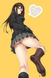 Rule 34 | 10s, 1girl, ass, barefoot, breasts, brown hair, cardigan, chestnut mouth, chocolate, chocolate on foot, cle masahiro, covered erect nipples, earrings, feet, from below, green eyes, hands in pockets, heart, highres, idolmaster, idolmaster cinderella girls, jewelry, long hair, long sleeves, looking down, panties, pantyshot, shibuya rin, single sock, skirt, socks, soles, solo, speech bubble, standing, toes, underwear, valentine, yellow background