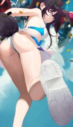 Rule 34 | 1girl, absurdres, animal ears, ass, black hair, blue archive, blue eyes, blue sky, blunt bangs, blush, breasts, cheerleader, cherrymaru, choker, detached collar, dog ears, dog girl, dog tail, from behind, from below, halo, hibiki (blue archive), hibiki (cheer squad) (blue archive), highres, long hair, looking at viewer, medium breasts, millennium cheerleader outfit (blue archive), official alternate costume, panties, pleated skirt, ponytail, sidelocks, skirt, sky, sleeveless, solo, sweat, tail, underwear, white footwear, white panties