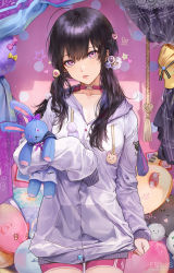 Rule 34 | 1girl, :p, black hair, choker, commentary, cowboy shot, hair ornament, heart, heart hair ornament, highres, holding, holding stuffed toy, hood, hood down, hoodie, indoors, kim eb, long hair, looking at viewer, original, pink choker, pink eyes, purple theme, short shorts, shorts, sleeves past fingers, sleeves past wrists, solo, standing, stuffed animal, stuffed rabbit, stuffed toy, symbol-only commentary, tongue, tongue out, twintails, yami kawaii