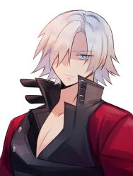 Rule 34 | 1boy, blue eyes, closed mouth, dante (devil may cry), detre6969, devil may cry, devil may cry (series), devil may cry 2, hair over one eye, highres, looking at viewer, male focus, simple background, solo, white hair