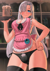 Rule 34 | 10s, 1girl, apron, bare shoulders, beer mug, black panties, blue eyes, blush, breasts, cameltoe, cleavage, cleavage cutout, clothing cutout, cup, elizabeth liones, hair over one eye, hand on own hip, large breasts, lasterk, long hair, looking at viewer, mug, nanatsu no taizai, nearly naked apron, panties, silver hair, smile, solo, standing, tray, underwear