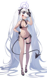 Rule 34 | 1girl, absurdly long hair, absurdres, adjusting eyewear, albino, bare arms, bare legs, bare shoulders, bikini, bilibilida, black-framed eyewear, black bikini, black choker, black gloves, blue archive, bow, breasts, breasts apart, choker, closed mouth, demon tail, eyewear on head, full body, gloves, gluteal fold, hair bow, hair over one eye, halo, halterneck, hand on eyewear, hand on own hip, hand up, highres, iori (blue archive), iori (swimsuit) (blue archive), long hair, medium breasts, multi-strapped bikini bottom, navel, official alternate costume, pointy ears, red eyes, sandals, side-tie bikini bottom, solo, standing, stomach, string bikini, sunglasses, swimsuit, tail, thigh strap, thighs, twintails, very long hair, white hair