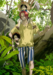 Rule 34 | 3boys, black hair, brothers, bush, carrying, east blue, family, forest, freckles, hat, image sample, jungle, light rays, male focus, mojisan, monkey d. luffy, multiple boys, nature, net, one piece, outdoors, pants, pixiv sample, plant, portgas d. ace, red hair, resized, scar, shanks (one piece), shoulder perch, shueisha, siblings, straw hat, striped clothes, striped pants, tongue, tree