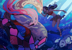 Rule 34 | 1girl, air bubble, black hair, blue hair, blurry, bubble, closed mouth, commentary request, creatures (company), cropped shirt, dark-skinned female, dark skin, earrings, fish, game freak, gen 3 pokemon, hand up, jewelry, leg up, milotic, multicolored hair, navel, nessa (pokemon), nintendo, pokemon, pokemon: twilight wings, pokemon (creature), red shirt, sagemaru-br, sandals, shirt, sidelocks, skirt, sleeveless, sleeveless shirt, two-tone hair, underwater