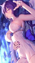 Rule 34 | 1girl, blush, bow, breasts, dress, highres, jewelry, large breasts, long hair, looking at viewer, mintoaisu, nail polish, original, partially submerged, purple eyes, purple nails, ring, solo, strapless, strapless dress, tagme, twintails, very long hair, water, wet