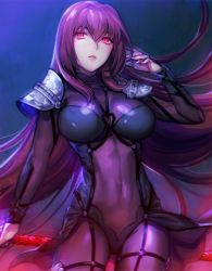 Rule 34 | 1girl, armor, bodysuit, breasts, covered navel, fate/grand order, fate (series), gae bolg (fate), highres, holding, holding weapon, large breasts, long hair, parted lips, pauldrons, polearm, purple bodysuit, purple hair, red eyes, scathach (fate), scathach (fate), shoulder armor, solo, spear, weapon, yurizuka (sergeant heart)