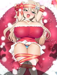 Rule 34 | 1girl, arms behind head, bebebe (pepegakii), blonde hair, blue eyes, blush, breasts, christmas, covered erect nipples, dress, fang, from above, gift wrapping, highres, huge breasts, kneehighs, kousaka airi (bebebe), lying, on back, original, santa dress, shadow, socks, solo, thick thighs, thighs, twintails, upskirt, wrapped up