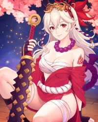 Rule 34 | 1girl, absurdres, alternate costume, bead necklace, beads, black gloves, breasts, cherry blossoms, chest sarashi, club (weapon), corrin (female) (fire emblem), corrin (fire emblem), fingerless gloves, fire emblem, fire emblem fates, fire emblem heroes, gloves, grey hair, highres, japanese clothes, jewelry, long hair, looking at viewer, mask, mask on head, medium breasts, necklace, nintendo, pointy ears, red eyes, sarashi, shoulder tattoo, sitting, smile, solo, tattoo, truejekart, weapon