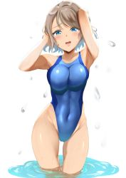 Rule 34 | 1girl, arms behind head, arms up, blue eyes, blue one-piece swimsuit, breasts, competition swimsuit, covered navel, cowboy shot, grey hair, highleg, highleg swimsuit, impossible clothes, impossible swimsuit, looking at viewer, love live!, love live! sunshine!!, medium breasts, one-piece swimsuit, ponnu (nikeytina), short hair, soaking feet, solo, swimsuit, two-tone swimsuit, wading, watanabe you, water