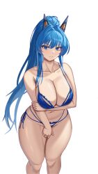 Rule 34 | 1girl, arm under breasts, bikini, blue bikini, blue eyes, blue hair, braid, breasts, covering privates, covering crotch, dorp, frown, gloves, goddess of victory: nikke, hair intakes, headgear, helm (aqua marine) (nikke), helm (nikke), highres, holding own arm, large breasts, long hair, looking at viewer, official alternate costume, ponytail, side-tie bikini bottom, simple background, solo, swimsuit, thick thighs, thighs, white background, white gloves