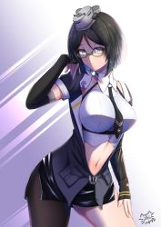 Rule 34 | 1girl, arm warmers, asymmetrical legwear, black hair, black skirt, breasts, collarbone, collared jacket, cosplay, glasses, gradient background, grey eyes, grey jacket, hachiware (8ware63), hat, highres, jacket, kantai collection, kirishima (kancolle), large breasts, looking at viewer, navel, necktie, open clothes, open jacket, parted lips, pencil skirt, short hair, short sleeves, single leg pantyhose, skirt, solo, south dakota (kancolle), south dakota (kancolle) (cosplay)