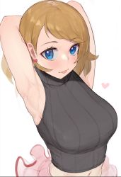 Rule 34 | 1girl, :p, armpits, arms behind head, arms up, black shirt, blue eyes, blush, breasts, brown hair, closed mouth, creatures (company), game freak, gatchan, heart, highres, large breasts, long hair, looking at viewer, navel, nintendo, pink skirt, pokemon, pokemon (anime), pokemon journeys, pokemon swsh105, serena (pokemon), shirt, simple background, skirt, sleeveless, sleeveless shirt, smile, solo, swept bangs, tongue, tongue out, upper body, white background