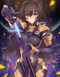 Rule 34 | 1girl, absurdres, black bodysuit, bodysuit, breasts, brown hair, commission, covered navel, fortified suit, hair intakes, highres, holding, holding sword, holding weapon, impossible bodysuit, impossible clothes, katana, large breasts, long hair, looking at viewer, muv-luv, muv-luv alternative, muv-luv total eclipse, pilot suit, purple eyes, scabbard, sheath, shiny clothes, skin tight, solo, standing, sword, tajima ryuushi, takamura yui, unsheathing, weapon