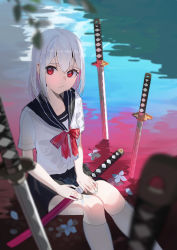 Rule 34 | 1girl, 38 (sanjuuhachi), absurdres, black sailor collar, black skirt, blurry, blurry foreground, bow, bowtie, closed mouth, collarbone, colored inner hair, commentary, feet out of frame, flower, highres, katana, kneehighs, long hair, looking at viewer, multicolored hair, original, pink hair, planted, planted sword, planted weapon, red bow, red bowtie, red eyes, sailor collar, school uniform, serafuku, shirt, short sleeves, sitting, skirt, socks, solo, sword, water, weapon, white flower, white hair, white socks, white shirt