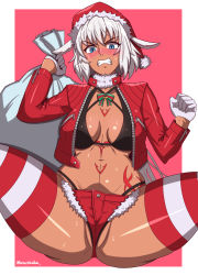 Rule 34 | 1girl, absurdres, alternate costume, animal ears, artist name, bikini, black bikini, blue eyes, blush, body markings, breasts, caenis (fate), carrying over shoulder, cleavage, clenched hand, clenched teeth, commentary, cropped jacket, cutoffs, dark-skinned female, dark skin, fangs, fate/grand order, fate (series), fur collar, gloves, groin, hair between eyes, hat, highleg, highleg bikini, highres, holding, holding saucer, jacket, leather, leather jacket, long hair, long sleeves, looking at viewer, medium breasts, micro shorts, midriff, moussaka, navel, nose blush, open clothes, open jacket, red background, red hat, red jacket, red legwear, red shorts, santa hat, saucer, shorts, sidelocks, simple background, sitting, skindentation, solo, spread legs, striped clothes, striped legwear, striped thighhighs, sweat, swimsuit, teeth, thighhighs, thighs, two-tone background, white background, white gloves, white hair, white legwear, zipper, zipper pull tab