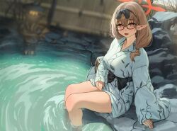 Rule 34 | 1girl, aochoku, black-framed eyewear, black hairband, blue archive, brown eyes, brown hair, chinatsu (blue archive), chinatsu (hot spring) (blue archive), glasses, hairband, halo, highres, japanese clothes, kimono, long hair, long sleeves, looking at viewer, medium hair, official alternate costume, onsen, outdoors, partially submerged, pointy ears, sitting, solo, thighs, water, white kimono