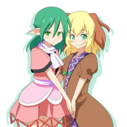 Rule 34 | 2girls, :3, animal ears, blonde hair, blush, cato (monocatienus), cheek-to-cheek, cocked eyebrow, color switch, cowboy shot, dog ears, dress, frown, green eyes, half updo, heads together, holding hands, kasodani kyouko, looking at viewer, mizuhashi parsee, multiple girls, pointy ears, robe, scarf, simple background, smile, touhou