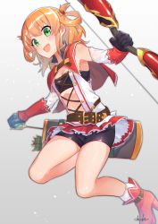 Rule 34 | 1girl, absurdres, arrow (projectile), belt, bike shorts, bike shorts under skirt, bow, bow (weapon), commentary request, cross-laced clothes, cross-laced top, gloves, green eyes, hair ornament, hair rings, highres, holding, holding bow (weapon), holding weapon, looking at viewer, medium hair, navel, open mouth, orange hair, princess connect!, quiver, rino (princess connect!), sho bu 1116, short shorts, shorts, signature, simple background, solo, weapon