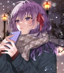 Rule 34 | 1girl, black jacket, blurry, blurry background, brown scarf, cellphone, enpera, fate/stay night, fate (series), from side, hair between eyes, hair ribbon, highres, holding, holding phone, jacket, lamppost, long hair, long sleeves, matou sakura, night, outdoors, parted lips, phone, plaid, plaid scarf, purple hair, red ribbon, red sweater, ribbon, scarf, shimatori (sanyyyy), snow, snowing, solo, sweater, upper body, winter