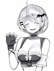 Rule 34 | 1girl, :d, ^ ^, absurdres, ahoge, bare shoulders, bat hair ornament, breasts, choker, claw pose, closed eyes, collarbone, crop top, detached sleeves, dot nose, facing viewer, fang, fingerless gloves, gloves, greyscale, hair ornament, hairclip, hexagram, highres, hololive, large breasts, light blush, looking at viewer, monochrome, nanashi (nlo), open mouth, short hair, simple background, skin fang, smile, solo, virtual youtuber, yozora mel, yozora mel (1st costume)