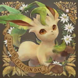 Rule 34 | brown eyes, brown fur, character name, closed mouth, commentary request, creatures (company), dated, flower, game freak, gen 4 pokemon, leaf, leafeon, momomo12, nintendo, no humans, pokemon, pokemon (creature), smile, solo, toes, white flower, yellow fur
