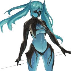 Rule 34 | 1girl, aqua hair, artist request, black sclera, blue skin, breasts, code vein, colored sclera, colored skin, commentary request, highres, holding, holding weapon, invading executioner (code vein), large breasts, long hair, looking at viewer, midriff, monster girl, navel, one eye covered, red eyes, solo, twintails, underboob, weapon, white background