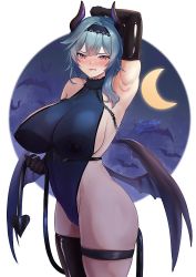 Rule 34 | 1girl, alternate breast size, arm up, armpits, asymmetrical legwear, black hairband, blue hair, blush, breasts, covered erect nipples, covered navel, crescent moon, demon girl, demon horns, demon tail, eula (genshin impact), genshin impact, gloves, hair ornament, hairband, holding tail, horns, huge breasts, latex, latex gloves, leotard, looking at viewer, medium hair, moon, nipple piercing, one-piece swimsuit, piercing, sideboob, signature, single thighhigh, solo, standing, swimsuit, tail, thigh strap, thighhighs, thighs, tinnies, wings, yellow eyes