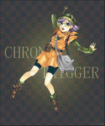 Rule 34 | 1990s (style), 1girl, :o, belt, belt pouch, boots, chrono (series), chrono trigger, copyright name, female focus, full body, hat, knee boots, long sleeves, lowres, lucca ashtear, open mouth, pocket, posca, pouch, short hair, shorts, silver hair, solo
