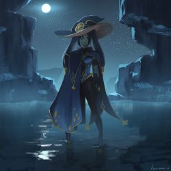 Rule 34 | 1girl, absurdres, black pantyhose, blue eyes, blue hair, cape, full body, full moon, genshin impact, hair ornament, hat, highres, huge filesize, kyou (kyou22032), lake, looking at viewer, mona (genshin impact), moon, night, night sky, outdoors, pantyhose, partially submerged, sky, smile, star (sky), starry sky, water, witch hat