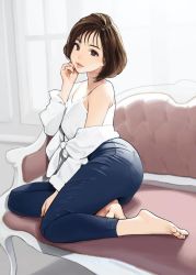 Rule 34 | 1girl, animification, barefoot, brown eyes, brown hair, clothes around waist, commentary request, couch, denim, feet, fukada eimi, hand on own cheek, hand on own face, highres, jav, jeans, looking at viewer, on couch, pants, parted lips, photo-referenced, real life, shirt, short hair, solo, spaghetti strap, sweater, sweater around waist, white shirt, yomu (sgt epper)