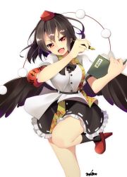 Rule 34 | &gt;:d, 1girl, :d, artist name, black hair, black socks, black wings, blush, buttons, fang, feathered wings, frilled skirt, frills, geta, hat, highres, looking at viewer, miniskirt, miton (turuyasann), nib pen (object), notebook, open mouth, pen, puffy short sleeves, puffy sleeves, red eyes, ribbon-trimmed skirt, ribbon trim, shameimaru aya, short hair, short sleeves, signature, simple background, skirt, smile, socks, solo, standing, standing on one leg, tengu-geta, tokin hat, touhou, tsurime, upper body, v-shaped eyebrows, white background, wings