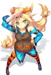 Rule 34 | 1girl, blonde hair, detached sleeves, female focus, full body, green eyes, hood, hoodie, long hair, looking at viewer, low-tied long hair, mascot, ntny, official art, ootori kohaku, personification, sleeveless, sleeveless hoodie, solo, standing, striped clothes, striped thighhighs, thighhighs, transparent background, twintails, unity-chan, unity (game engine)