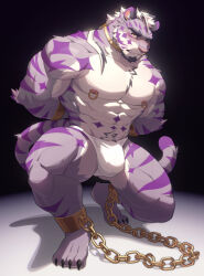 Rule 34 | 1boy, abs, absurdres, animal ears, ankle cuffs, arms behind back, bara, blush, briefs, bulge, collar, diamond (shape), facial hair, forked eyebrows, full body, furry, furry male, goatee, highres, large pectorals, long hair, male focus, male underwear, mature male, multicolored hair, muscular, muscular male, navel, navel hair, nipple piercing, nipple rings, nipples, one eye closed, original, pectorals, piercing, ponytail, purple fur, sadiend, solo, squatting, stomach, streaked hair, thick eyebrows, thick thighs, thighs, tiger boy, tiger ears, topless male, uiokv, underwear, underwear only, white hair, white male underwear, yellow eyes