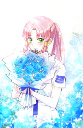 Rule 34 | 1girl, aria (manga), aria company uniform, blue flower, blue rose, blush, bouquet, commentary, dress, eyelashes, floral background, flower, forehead, green eyes, hair tubes, highres, holding, holding bouquet, long hair, looking at viewer, mizunashi akari, official alternate hairstyle, parted bangs, pink hair, ponytail, rose, sailor collar, shadow, short sleeves, smile, solo, standing, twitter username, upper body, white dress, yunosina