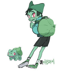 Rule 34 | 1boy, backpack, bag, black hair, black shorts, blue jacket, bright pupils, bulbasaur, colored skin, creature and personification, creatures (company), fang, freckles, full body, game freak, gen 1 pokemon, green bag, green footwear, green hat, green skin, hat, jacket, korean text, male focus, nintendo, personification, pokemon, red eyes, short hair, shorts, simple background, socks, solo, standing, tamtamdi, translation request, white background, white pupils, white socks