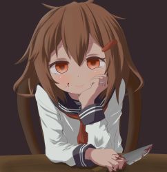 Rule 34 | 10s, 1girl, blood, blood on hands, blush, brown eyes, brown hair, empty eyes, hair ornament, hairclip, hand on own cheek, hand on own face, highres, holding, holding knife, ikazuchi (kancolle), jewelry, kantai collection, knife, looking at viewer, maromi gou, personification, ring, school uniform, serafuku, short hair, simple background, smile, solo, wedding band, wedding ring, yandere