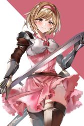 Rule 34 | 1girl, belt, blonde hair, blush, boots, breasts, brown eyes, brown footwear, closed mouth, djeeta (granblue fantasy), dress, fighter (granblue fantasy), gauntlets, granblue fantasy, hairband, highres, looking at viewer, medium breasts, pink background, pink dress, pink hairband, puffy sleeves, sheath, short hair, smile, solo, soraneko hino, swept bangs, sword, thigh boots, thighhighs, thighs, two-tone background, weapon, white background