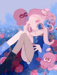 Rule 34 | 1girl, blue eyes, blue sky, boots, commentary, field, flower, flower field, heterochromia, high heel boots, high heels, highres, li04r, long hair, looking at viewer, nintendo, octoling, octoling girl, octoling player character, octopus, on grass, open mouth, outdoors, parted lips, pink eyes, pink hair, sitting, sky, splatoon (series), tentacle hair, thick eyebrows