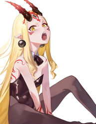 Rule 34 | 1girl, absurdres, bare shoulders, black leotard, black pantyhose, blonde hair, bow, bowtie, breasts, detached collar, earrings, facial mark, fangs, fate/grand order, fate (series), forehead, forehead mark, hair pulled back, highleg, highleg leotard, highres, horns, ibaraki douji (fate), jewelry, knee up, leotard, long hair, looking at viewer, oni, oni horns, open mouth, pantyhose, pointy ears, sb lama, short eyebrows, simple background, sitting, small breasts, solo, tattoo, teeth, thighs, white background, yellow eyes