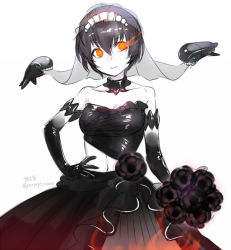 Rule 34 | 10s, 1girl, abyssal ship, armlet, bare shoulders, black dress, black hair, bouquet, breasts, bridal veil, cleavage, collarbone, colored skin, dress, flower, glowing, glowing eye, hand on own hip, i-class destroyer, kantai collection, ko-on (ningen zoo), navel, orange eyes, ri-class heavy cruiser, short hair, smile, solo, strapless, strapless dress, twitter username, veil, wedding dress, white skin