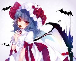 Rule 34 | 1girl, arm ribbon, bat (animal), bat wings, blue hair, brooch, cookie, daimaou ruaeru, dress, flower, food, hat, hat flower, highres, jewelry, looking at viewer, mob cap, mouth hold, puffy short sleeves, puffy sleeves, red eyes, remilia scarlet, ribbon, sash, short sleeves, smile, solo, touhou, white dress, wings, wrist cuffs