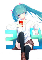 Rule 34 | 1girl, absurdres, black thighhighs, blue eyes, blue hair, blush, closed mouth, collarbone, hatsune miku, highres, long hair, looking away, qingli green, sitting, smile, solo, thighhighs, twintails, vocaloid