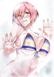 Rule 34 | 1girl, absurdres, against glass, bare shoulders, bikini, bottomless, breast press, breasts, cleavage, fate/grand order, fate (series), glasses, hair over one eye, highres, large breasts, len (hand linke), licking lips, looking at viewer, mash kyrielight, mash kyrielight (swimsuit of perpetual summer ver.02), multicolored bikini, multicolored clothes, navel, pink hair, purple eyes, rainbow bikini, short hair, smile, solo, striped bikini, striped clothes, swimsuit, tongue, tongue out