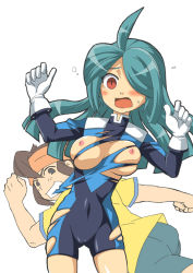 Rule 34 | 1boy, 1girl, ahoge, blue hair, blush, breasts, brown eyes, brown hair, cameltoe, covered erect nipples, endou mamoru, genderswap, genderswap (mtf), gloves, hair over one eye, image sample, inazuma eleven, inazuma eleven (series), kazemaru ichirouta, large breasts, long hair, open mouth, pixiv sample, red eyes, running, simple background, smile, surprised, sweat, torn clothes, uniform