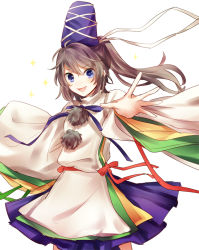 Rule 34 | 1girl, :d, bad id, bad pixiv id, blue eyes, grey hair, hat, japanese clothes, kariginu, looking at viewer, mononobe no futo, open mouth, outstretched arm, pom pom (clothes), ponytail, ribbon, smile, solo, tate eboshi, touhou, wide sleeves, yuli (yulipo)
