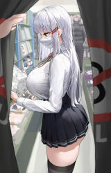 Rule 34 | 1boy, 1girl, book, breasts, from side, hair ornament, hairclip, highres, holding, holding book, huge breasts, indoors, iro (boo iro), large breasts, long hair, long sleeves, mask, mouth mask, original, reading, school uniform, shirt, skirt, solo focus, standing, thighhighs, thighs, white hair, white shirt, yellow eyes